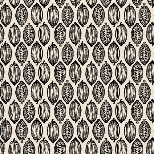 Cocoa vector seamless pattern. Chocolate cocoa beans background. Vector hand drawn illustration. Modern style illustration