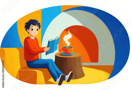 Boy Reading a Book by a Coffee Cup