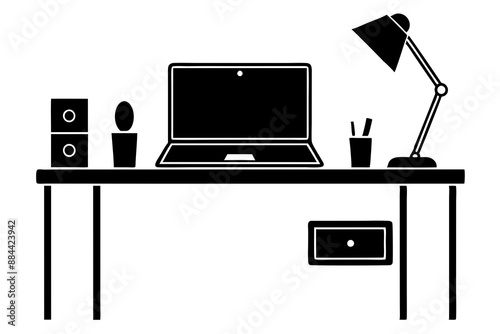 Vector illustration of a minimalist home office setup with desk laptop and supplies ideal for remote work and productivity
