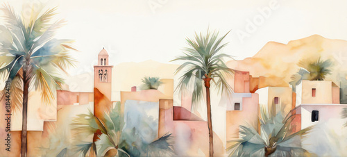 Moroccan city from Tales from the Thousand and One Nights in watercolor painted style. Watercolor illustration of Morocco. arabic concept. Arab evening Morocco. Scenic sky. Vector urban panorama card