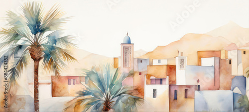 Moroccan city from Tales from the Thousand and One Nights in watercolor painted style. Watercolor illustration of Morocco. arabic concept. Arab evening Morocco. Scenic sky. Vector urban panorama card