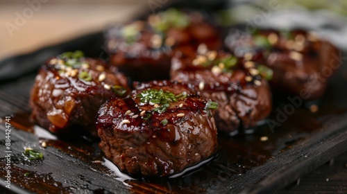 The national cuisine of Japan. Mini beef steaks with mirin in Japanese.