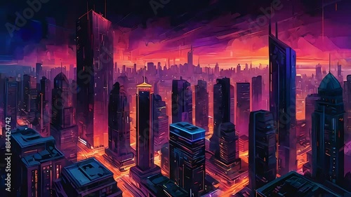 Cityscape fantasy view in purple and dark night, combination of purple, red, pink and orange, tall buildings with moving camera on futuristic screen