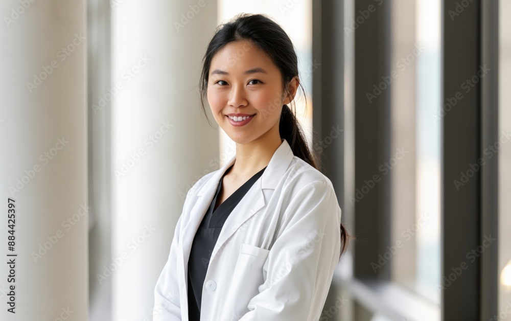 Portrait of a smiling young Asian woman in a white coat, standing in a modern office. Ideal for business, healthcare, and professional-themed projects. Portrait of a smiling young Asian woman in a white coat, standing in a modern office. Ideal for business, healthcare, and professional-themed projects.