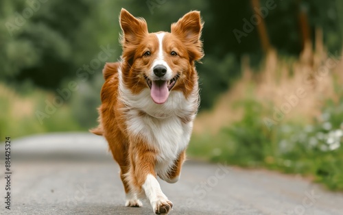 An energetic Border Collie runs towards the camera on a country road, showcasing the joy of outdoor adventures. Perfect for pet and nature projects.