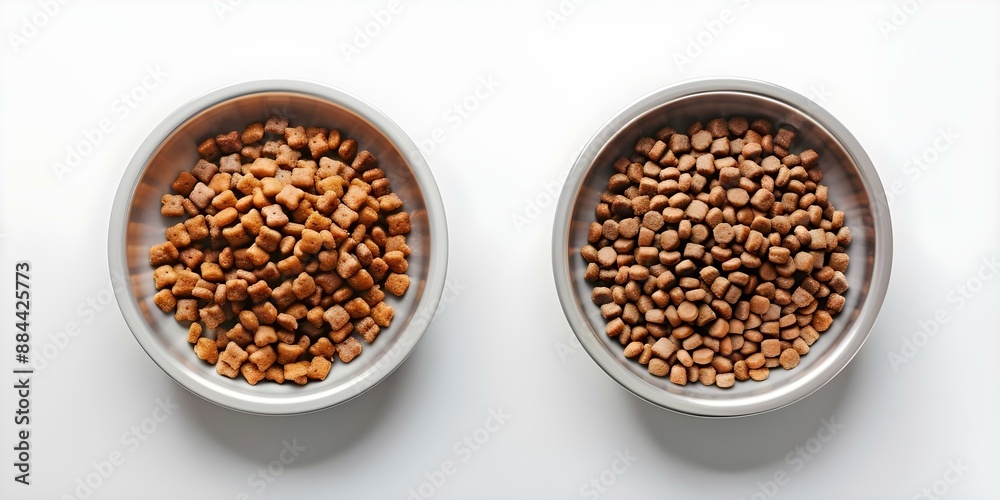 Empty and full pet food bowls on white background. Concept Pet Food, Food Bowls, White Background, Empty Bowl, Full Bowl Empty and full pet food bowls on white background. Concept Pet Food, Food Bowls, White Background, Empty Bowl, Full Bowl