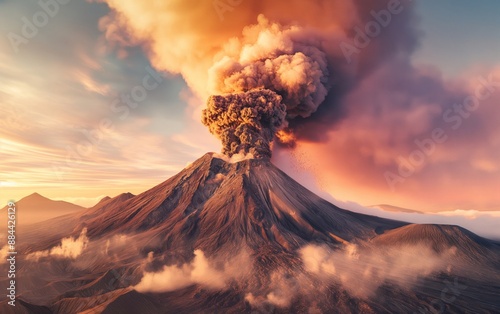 Dramatic Volcanic Eruption at Sunset. Ideal for nature and disaster-themed designs.