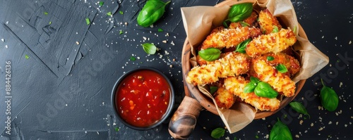 Parmesancrusted zucchini fries served in a rustic basket with a side of marinara sauce, top view, crunchy and delectable appetizer photo