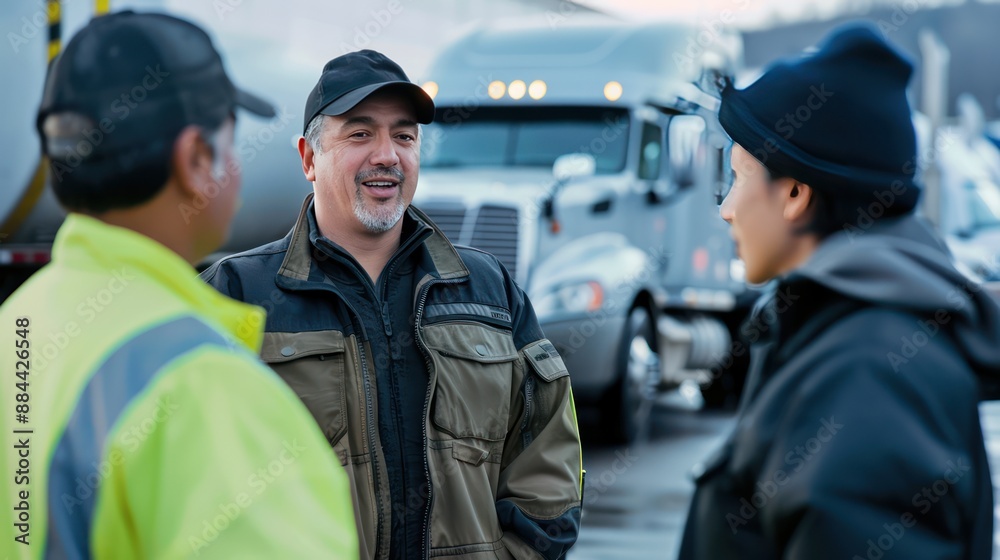 Logistics manager talking to truck drivers at a distribution center.