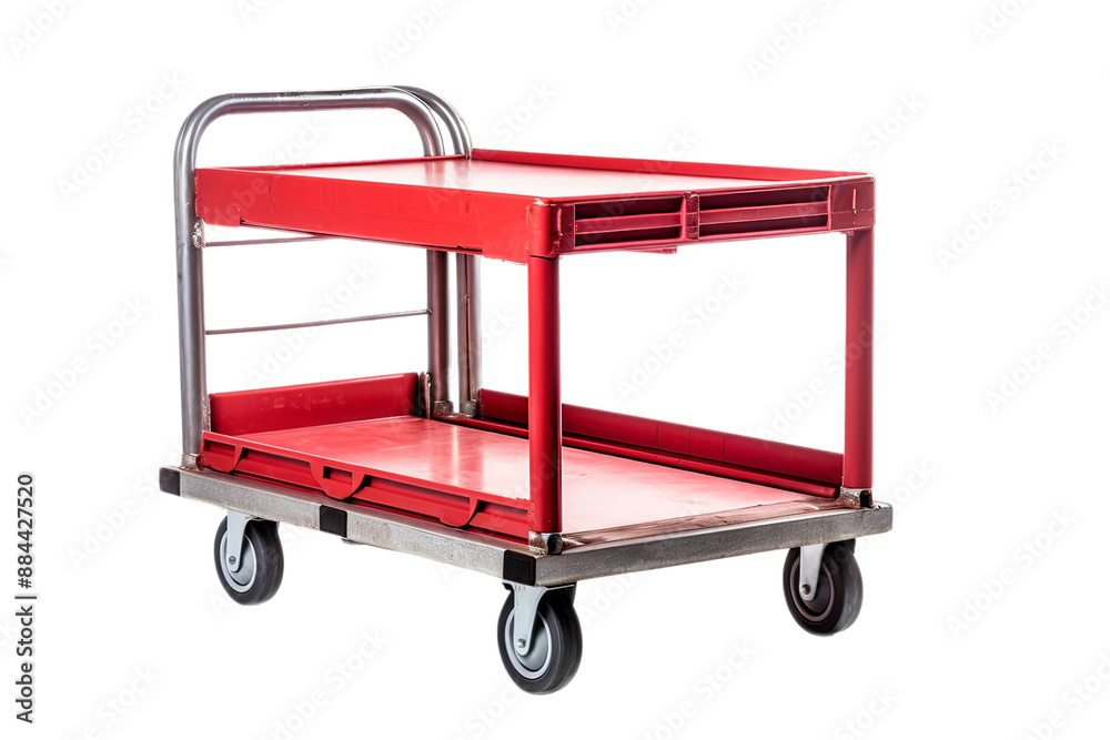 Red industrial utility cart with multiple shelving, suitable for warehouse, workshop, or office use, on white background. Red industrial utility cart with multiple shelving, suitable for warehouse, workshop, or office use, on white background.