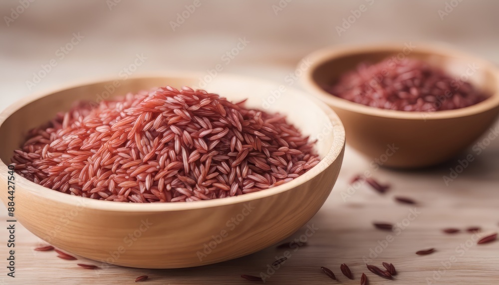 red rice in the wooden bowl isolated on white background red rice in the wooden bowl isolated on white background