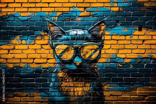 Graffiti cat with glasses on brick wall
