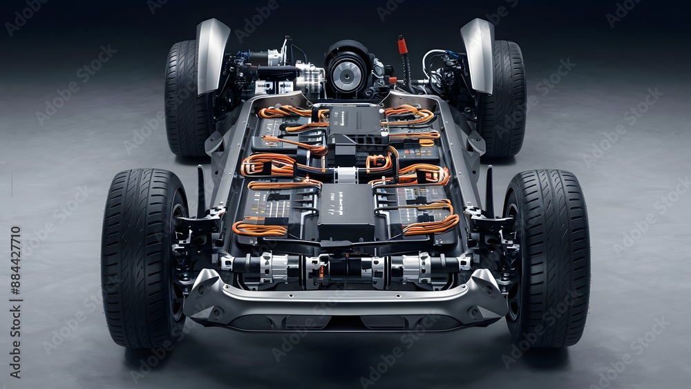 close-up of a cutting-edge electric vehicle's chassis, showcasing the sleek battery pack, powerful motor, and an intricatenetwork of orange wires connecting various components close-up of a cutting-edge electric vehicle's chassis, showcasing the sleek battery pack, powerful motor, and an intricatenetwork of orange wires connecting various components