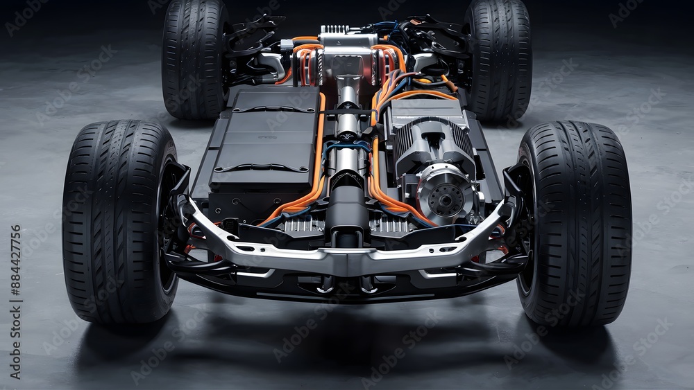 close-up of a cutting-edge electric vehicle's chassis, showcasing the sleek battery pack, powerful motor, and an intricatenetwork of orange wires connecting various components close-up of a cutting-edge electric vehicle's chassis, showcasing the sleek battery pack, powerful motor, and an intricatenetwork of orange wires connecting various components