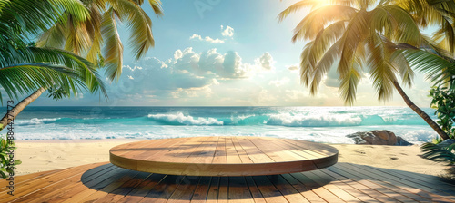 Fototapeta Naklejka Na Ścianę i Meble -  A wooden podium sits on a beach with a beautiful view of the ocean and palm trees. The waves crash on the shore creating a peaceful and tranquil scene