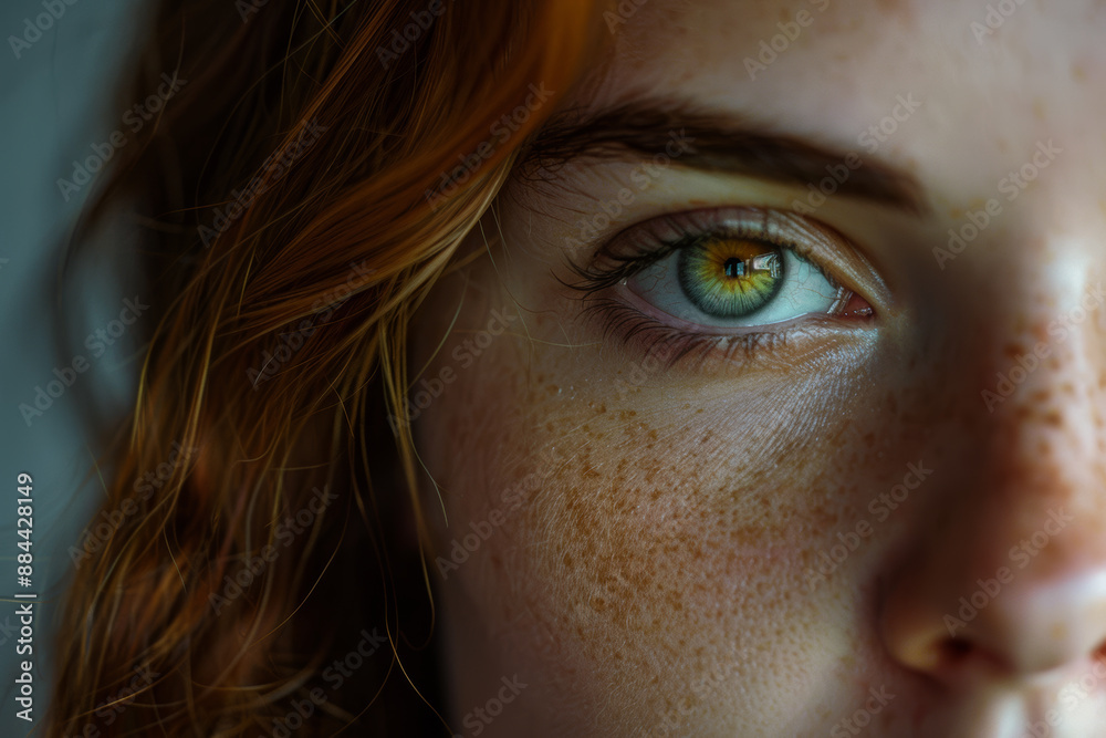 Fototapeta premium Redhead girl with freckles and freckles close up