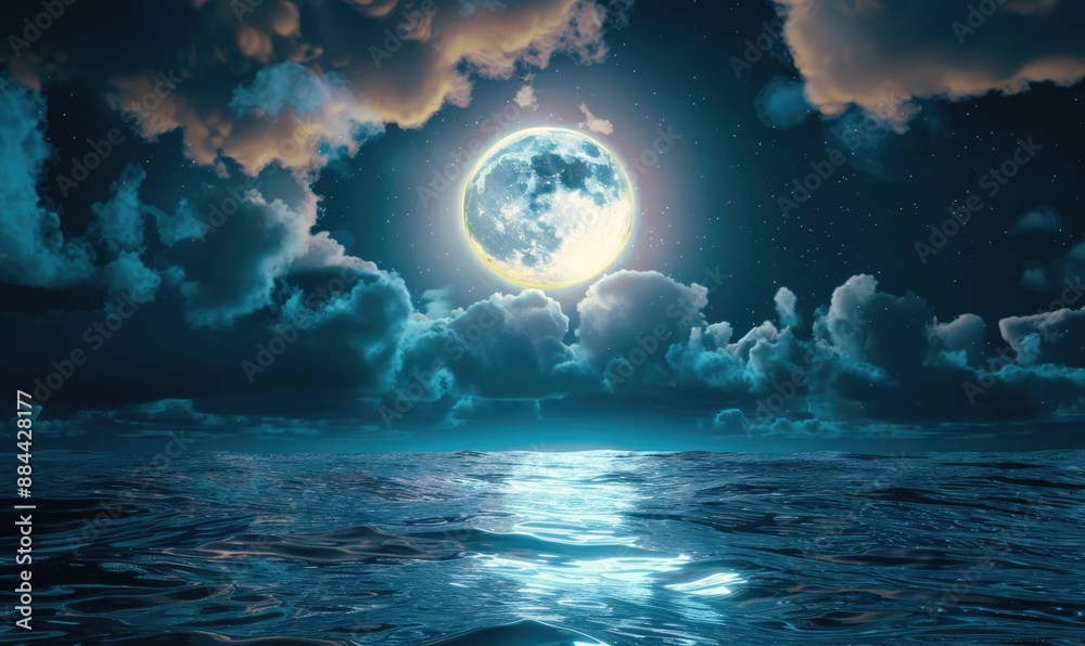 Fototapeta premium Full Moon over the Ocean at Night
