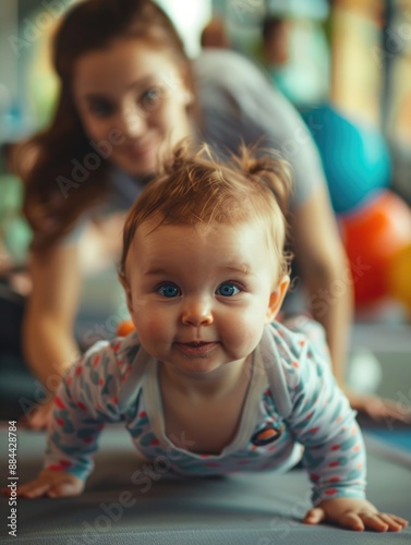 A baby crawls on a mat while a woman stands behind, creating a warm and intimate atmosphere