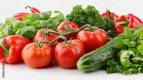 Fresh vegetables including tomatoes, cucumbers, and bell peppers arranged neatly on a transparent background, showcasing their vibrant colors and textures.