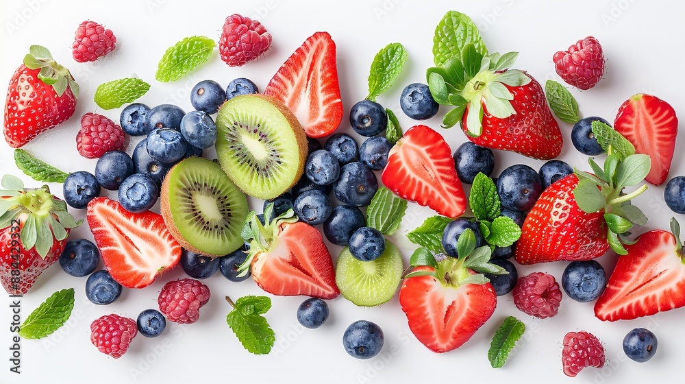 An assortment of fresh fruits such as strawberries, blueberries, and kiwi slices, arranged in a visually appealing manner on a transparent background. An assortment of fresh fruits such as strawberries, blueberries, and kiwi slices, arranged in a visually appealing manner on a transparent background.