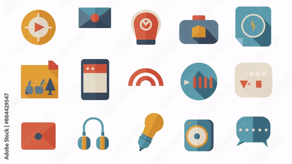 A set of modern, flat design icons in vibrant colors, covering technology and communication, on a white background A set of modern, flat design icons in vibrant colors, covering technology and communication, on a white background