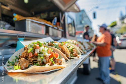Close-up view of delicious tacos being served at a food truck. The tacos are piled high with meat, salsa, onions, and cilantro.