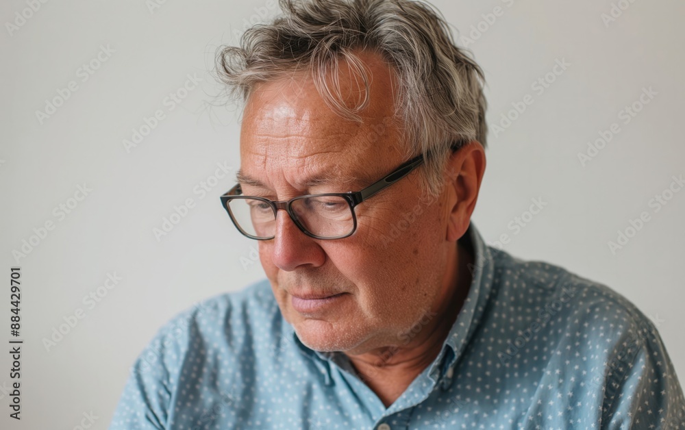 Thoughtful Elderly Man with Glasses in Blue Shirt. Ideal for lifestyle and portrait themes. Thoughtful Elderly Man with Glasses in Blue Shirt. Ideal for lifestyle and portrait themes.