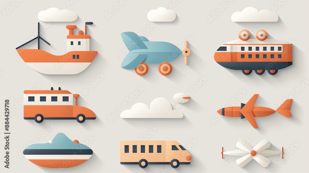 Simple and clean icons of trains, ships, and planes in a cohesive flat design Simple and clean icons of trains, ships, and planes in a cohesive flat design