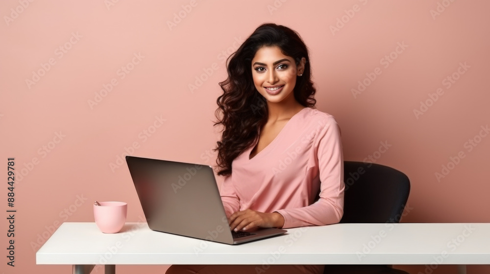 Naklejka premium Stylish Indian Supermodel in Pink Top Working on Laptop