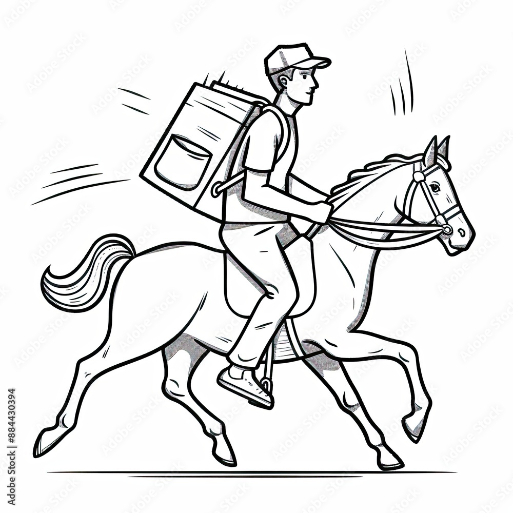Fototapeta premium Express Delivery.K on horseback A courier riding a horse and carrying a large box behind his back. The original way. Black and white drawing in engraving style. Drsign for cover, card, decor or print.