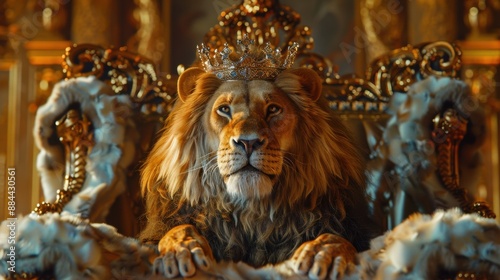 A majestic lion wearing a crown, seated on a royal throne. © victoriazarubina