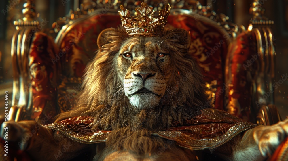 A majestic lion wearing a crown, seated on a royal throne. A majestic lion wearing a crown, seated on a royal throne.