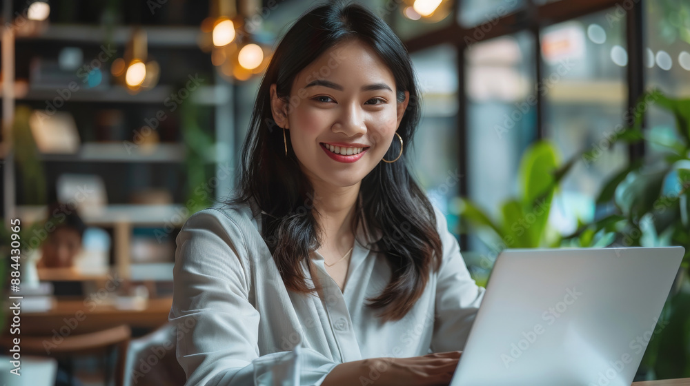 Elegant American Woman Smiling While Working on Laptop Elegant American Woman Smiling While Working on Laptop