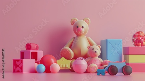 A colorful and playful scene with teddy bears, blocks, balls, and a toy wagon. © Nurlan