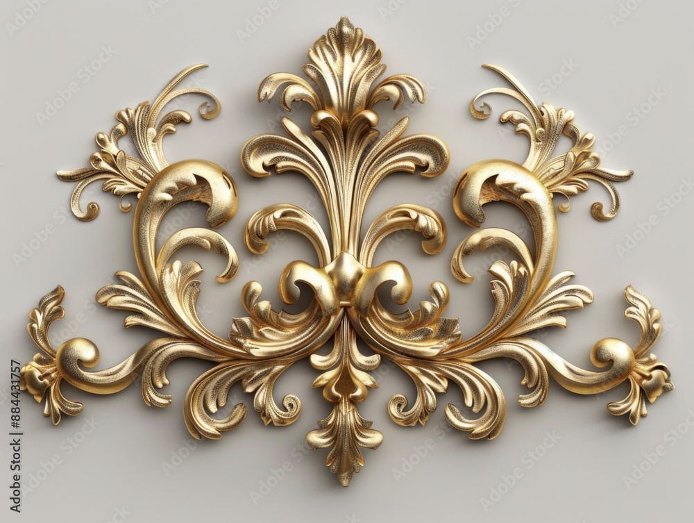 A gold decorative object placed on a plain white surface, suitable for use in advertising, design or decoration A gold decorative object placed on a plain white surface, suitable for use in advertising, design or decoration