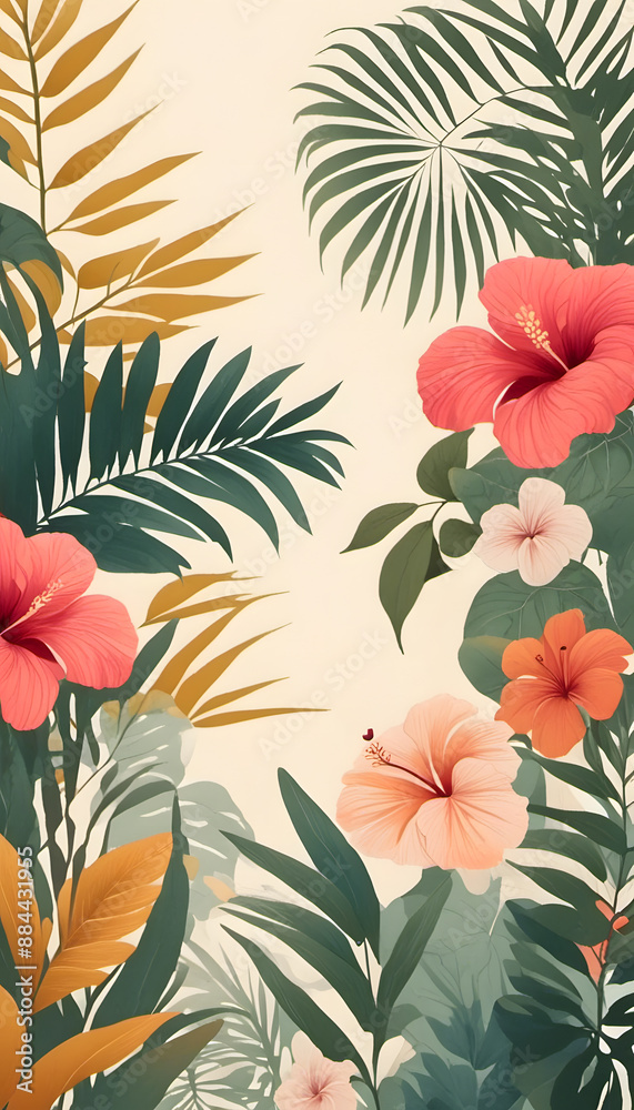A vibrant floral pattern featuring large pink and red hibiscus flowers, orange blossoms, green palm leaves and green tropical leaves on a light background. A vibrant floral pattern featuring large pink and red hibiscus flowers, orange blossoms, green palm leaves and green tropical leaves on a light background.