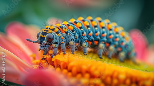 Caterpillar on the flower. Beautiful extreme close-up.
