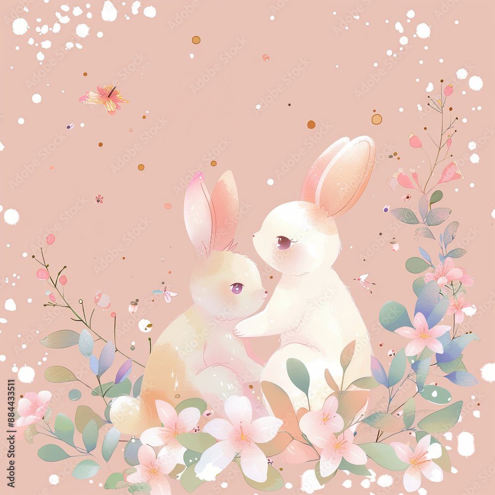 Two rabbits sitting in a clearing surrounded by different grassy plants and wild flowers. Story in drawn style. Image for decoration of children's books, cards, print, etc. Two rabbits sitting in a clearing surrounded by different grassy plants and wild flowers. Story in drawn style. Image for decoration of children's books, cards, print, etc.