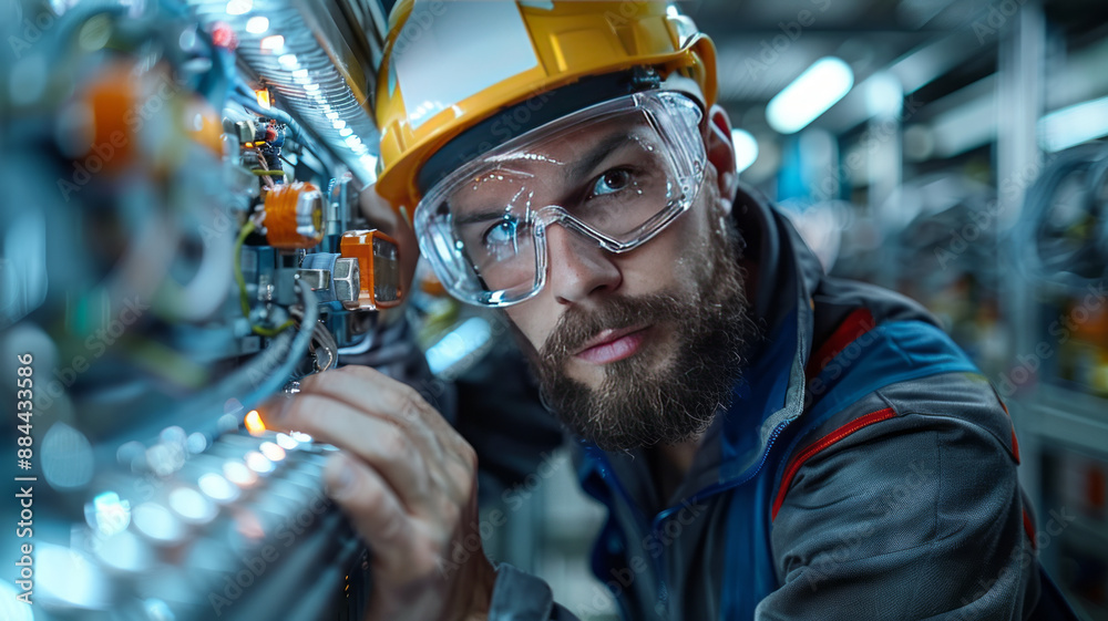 Professional Electrician man wearing helmet and protective goggles repairs air conditioning indoor unit in a room with white interior,generative ai Professional Electrician man wearing helmet and protective goggles repairs air conditioning indoor unit in a room with white interior,generative ai