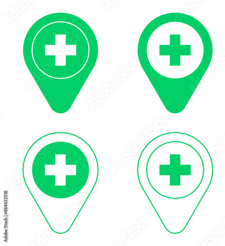 pharmacy map pin green cross location pointer icon drug store sign pharma pinpoint vector
