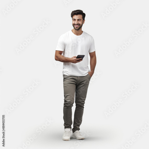 Full-Body Portrait of Smiling Pakistani Man Using Mobile