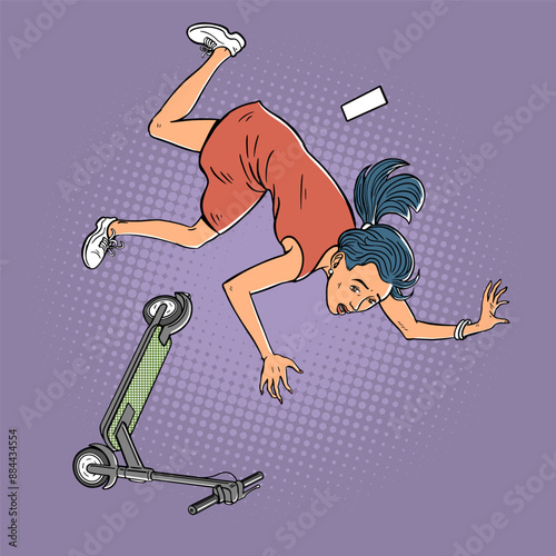 The girl fell off his scooter. Transport accident and injury. Careless driving on the road. Cartoon vector illustration. Hand drawn outline. Pop art comic style