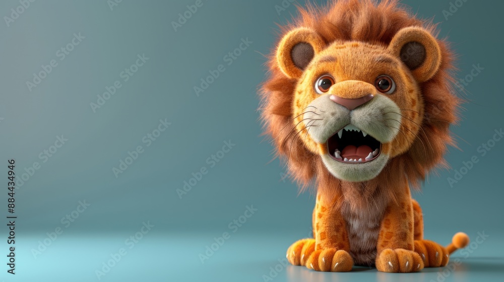 A cute, animated lion with an expressive face stands against a teal background. A cute, animated lion with an expressive face stands against a teal background.