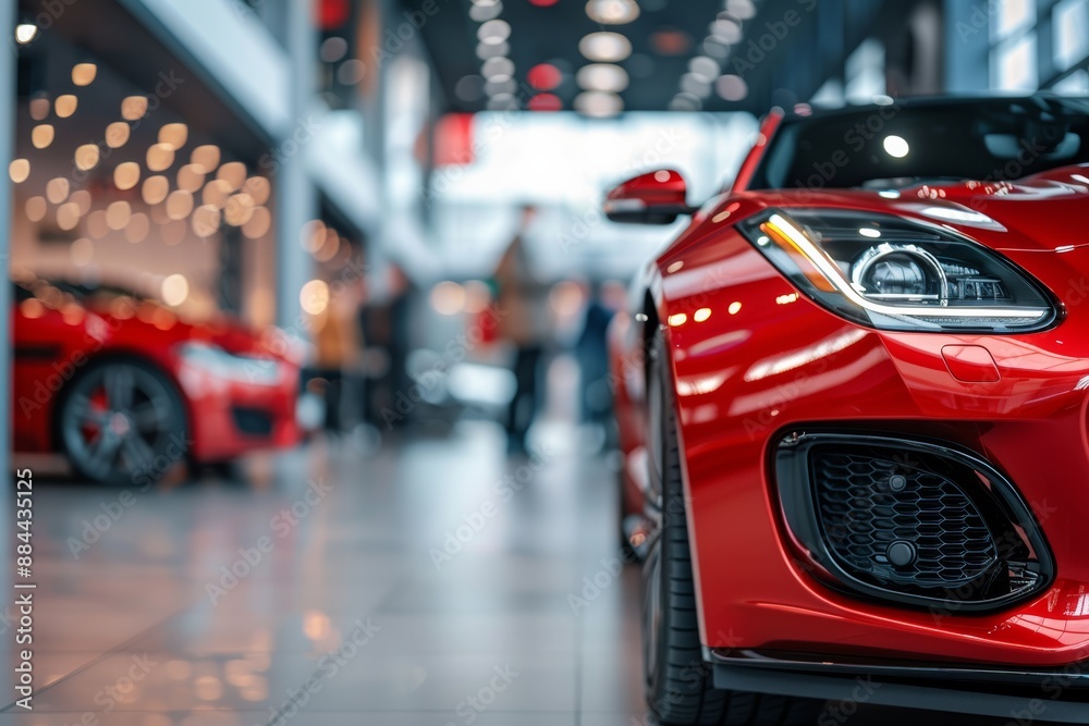 Sleek red car on display with interested buyers nearby, dealership scene Sleek red car on display with interested buyers nearby, dealership scene