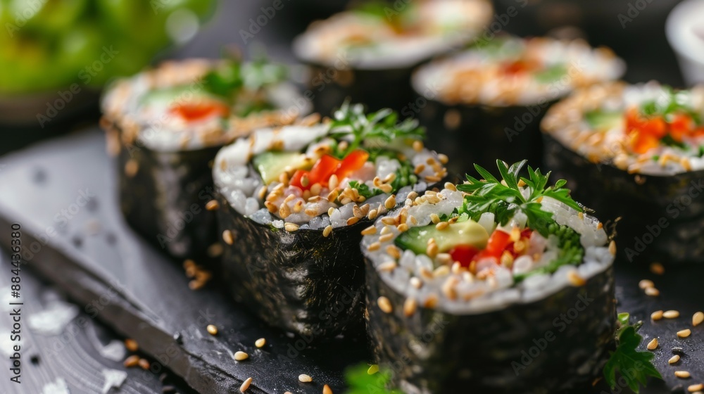 The national cuisine of Japan. Raw food rolls with seeds and avocado. The national cuisine of Japan. Raw food rolls with seeds and avocado.