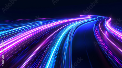 an abstract digital illustration with glowing blue and purple lines. These lines create a sense of motion, curving toward a vanishing point on the right