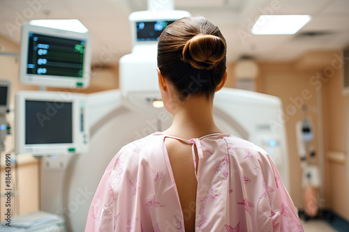 a woman turning her back wearing an hospital patient clothes about to perform a mammography
