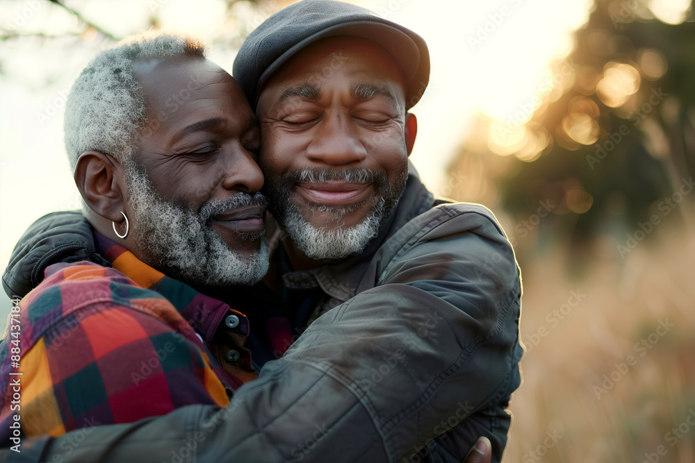 Fototapeta premium smiling multiracial gay senior couple in love embracing each other in nature background