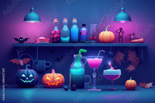 Halloween cafe with spooky drinks and treats, flat design concept.