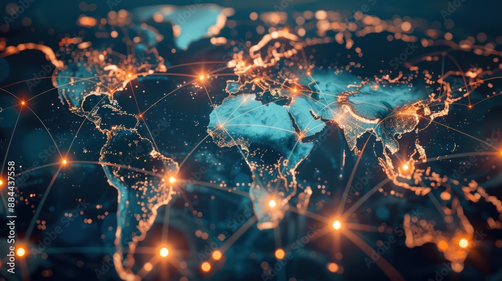 Global map with connected nodes illustrating a logistics network. Global map with connected nodes illustrating a logistics network.